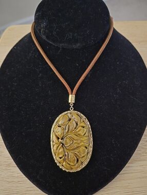 Large Hand Carved Tiger's Eye Gold Filled Pendant Necklace On  24" Silk Cord